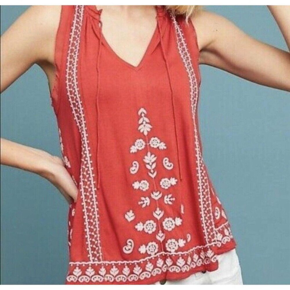 Akemi + Kin Anthropologie Chelsey Rust Orange Floral Embroidered Tank Top, M